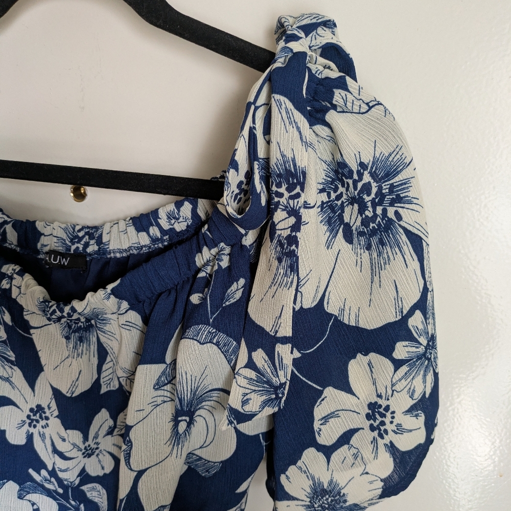 AUW Blue White Floral Tropical Wide Leg Jumpsuit w/ Pockets Shoulder Ties - Picture 6 of 16